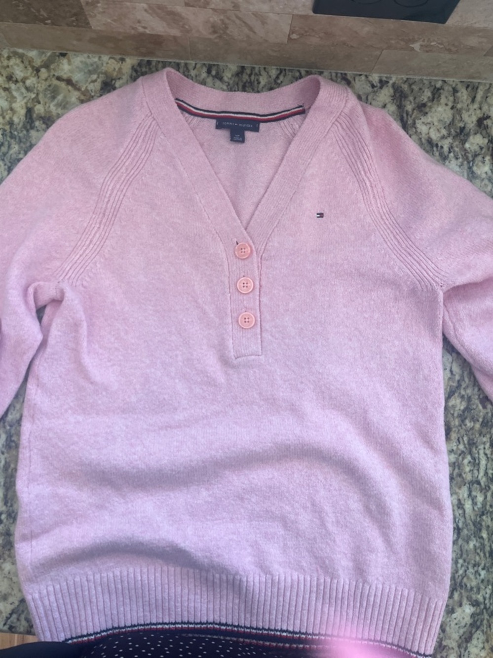 Tommy Hilfiger Light Pink V-Neck Button Pullover Sweater